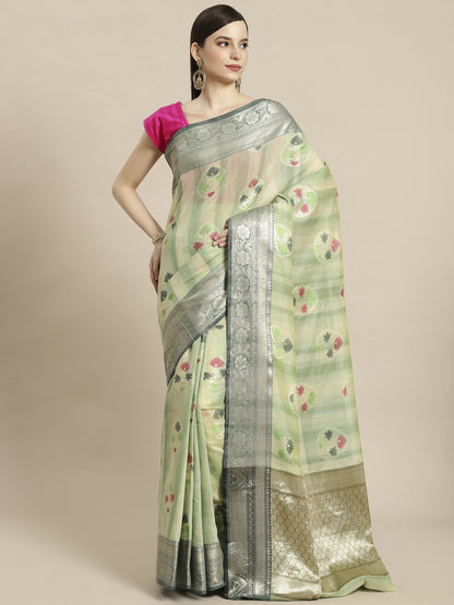 Faishana Presents Handwoven Seagreen Matka Silk Tilfi Boota Zari Border With Mehndi Green Blouse Banarasi Saree