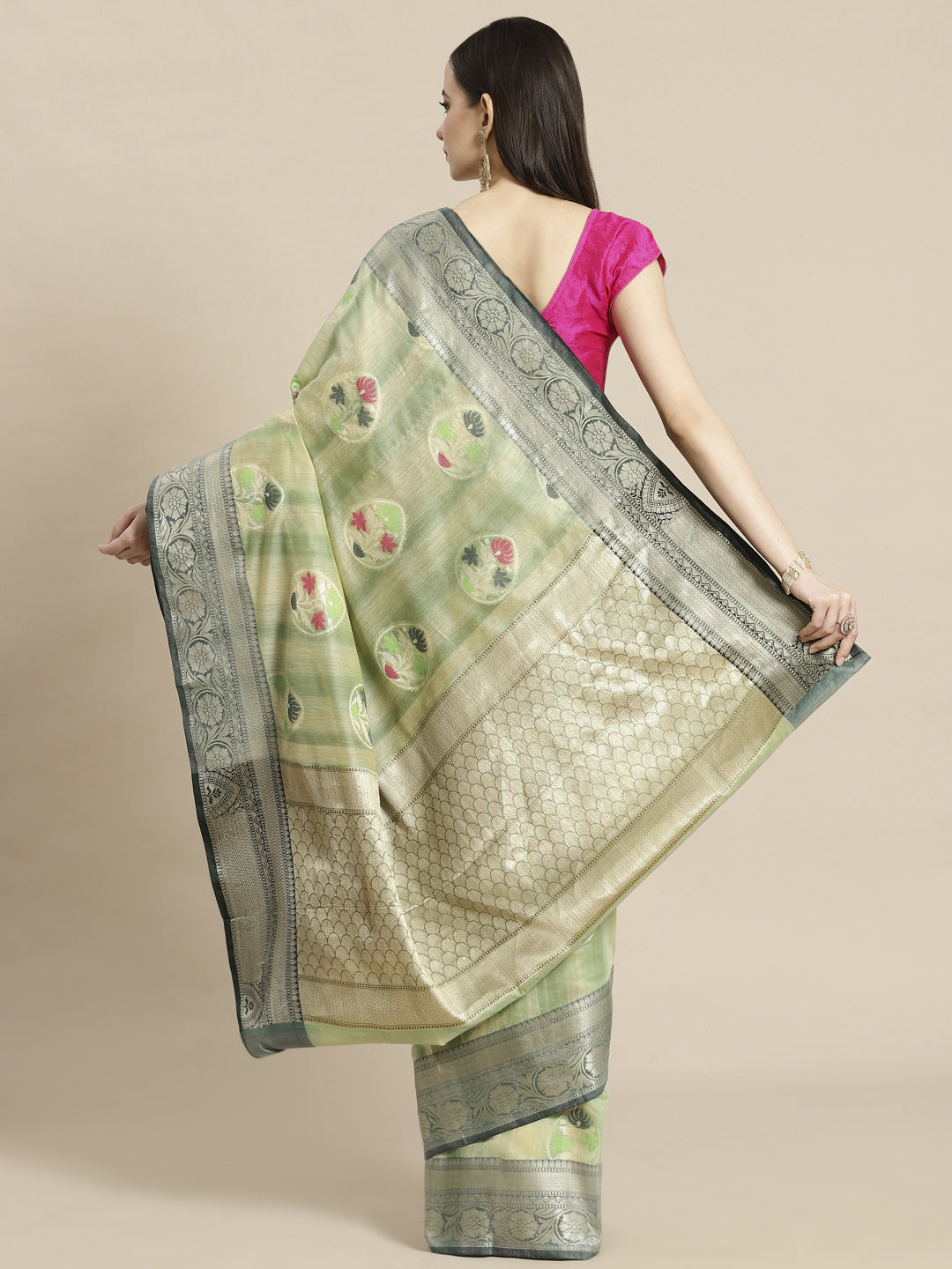 Faishana Presents Handwoven Seagreen Matka Silk Tilfi Boota Zari Border With Mehndi Green Blouse Banarasi Saree