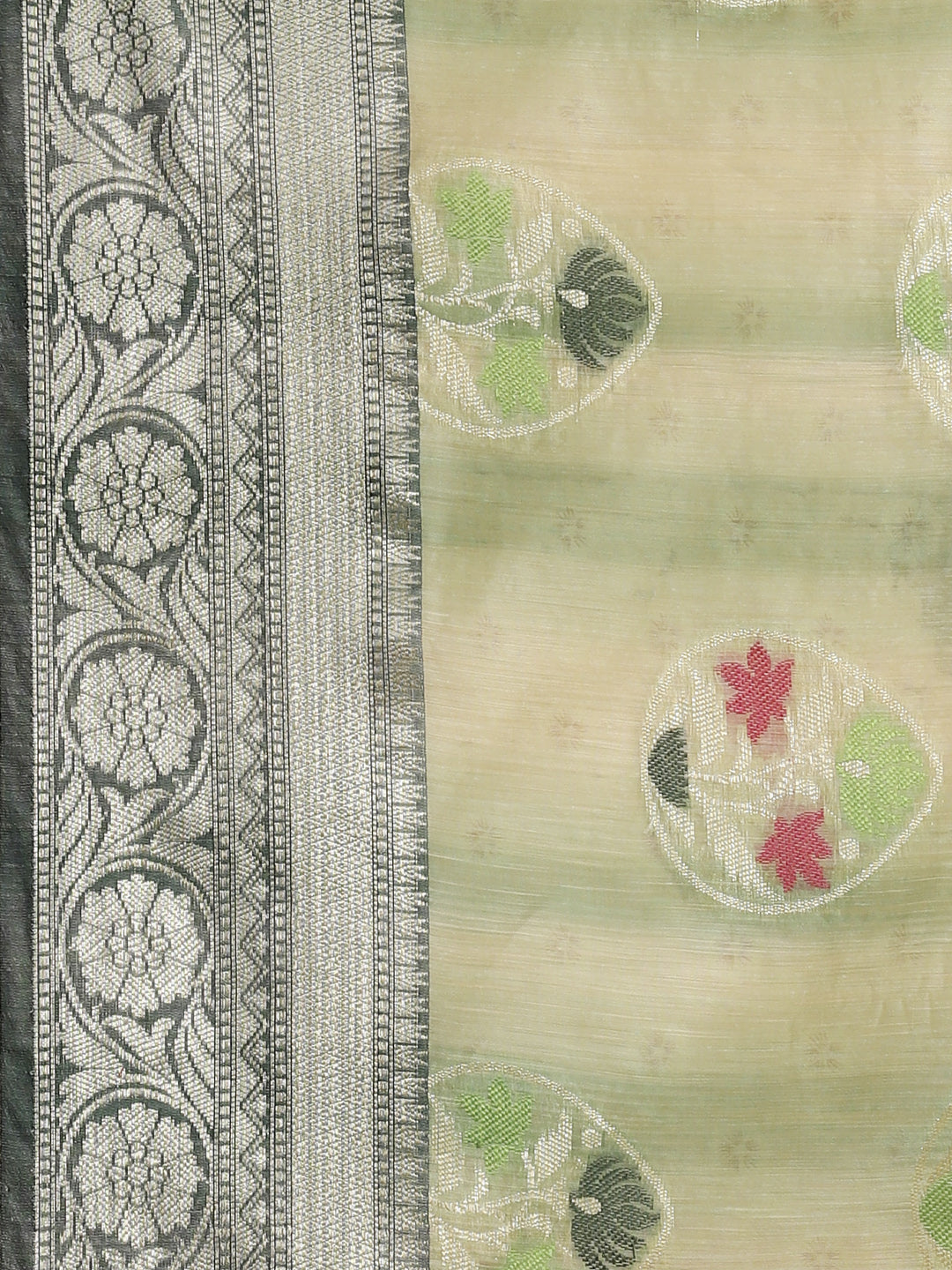Faishana Presents Handwoven Seagreen Matka Silk Tilfi Boota Zari Border With Mehndi Green Blouse Banarasi Saree