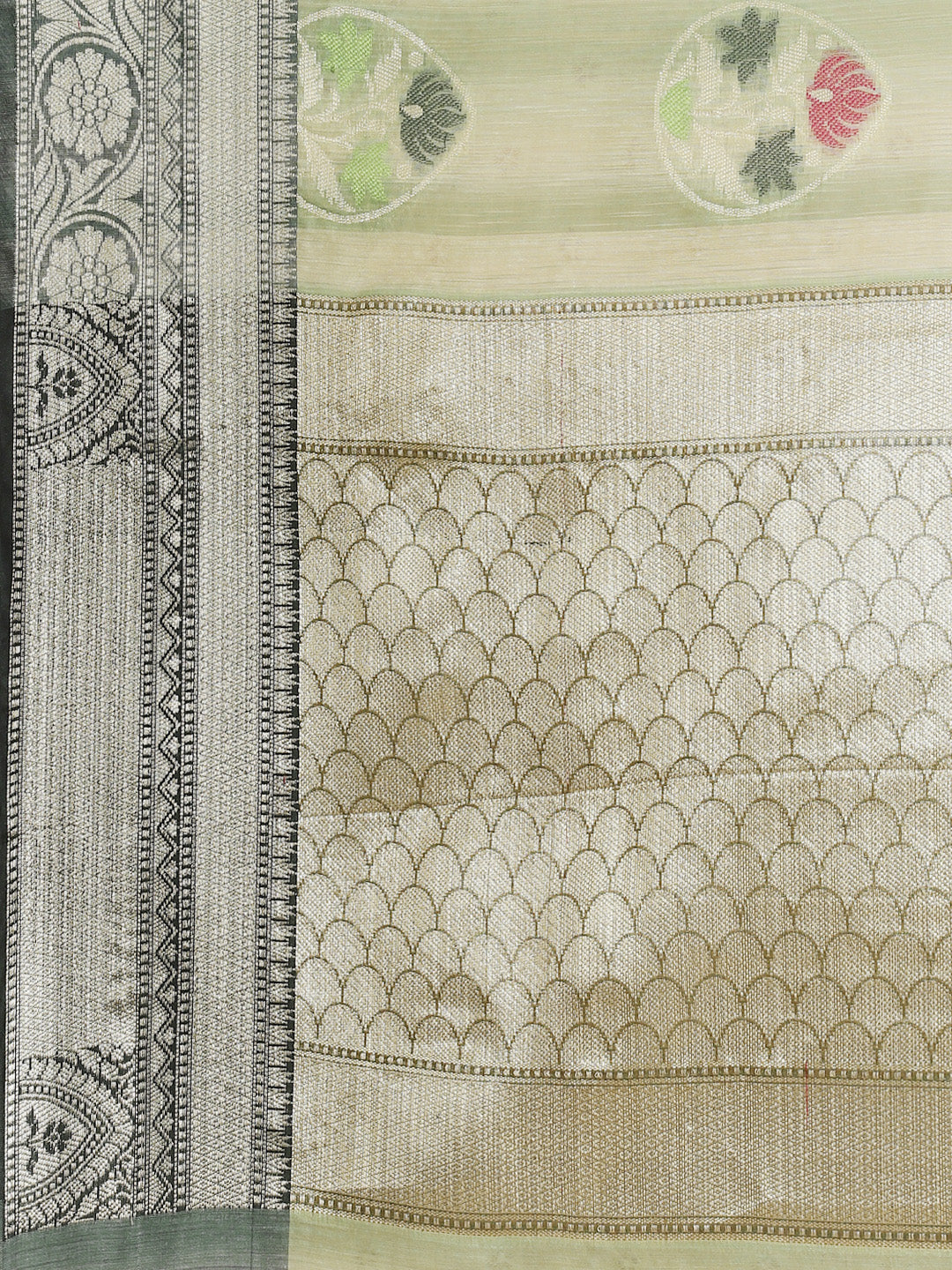 Faishana Presents Handwoven Seagreen Matka Silk Tilfi Boota Zari Border With Mehndi Green Blouse Banarasi Saree