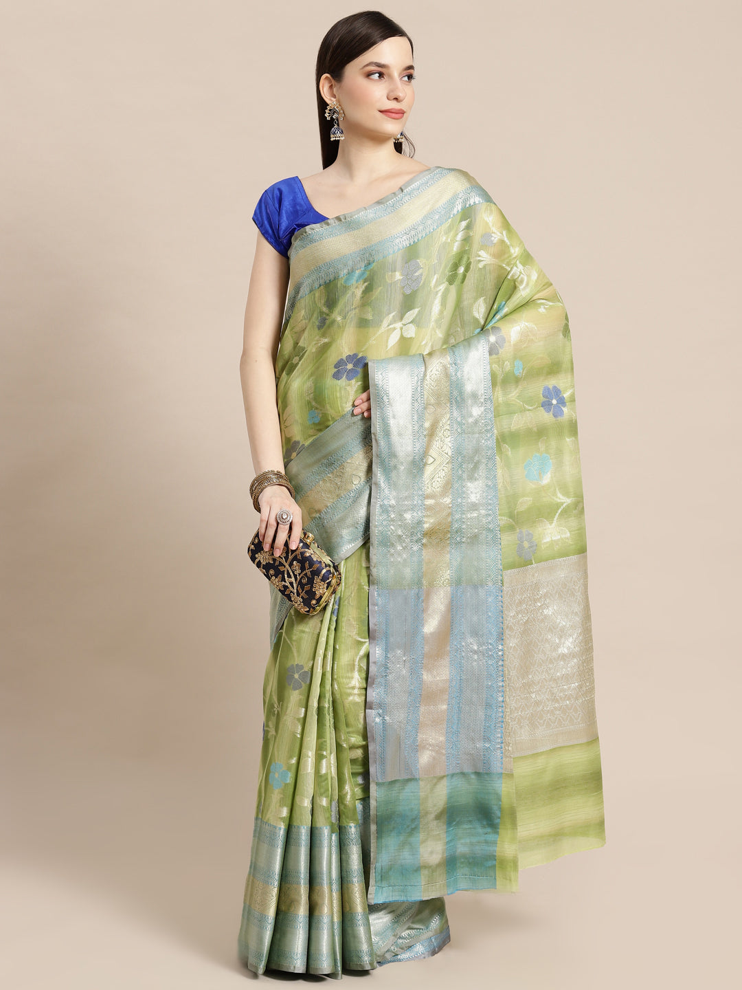 Faishana Presents Handwoven Pistachio Matka Silk Tilfi Jaal Skirt Border With Grey Blouse Banarasi Saree