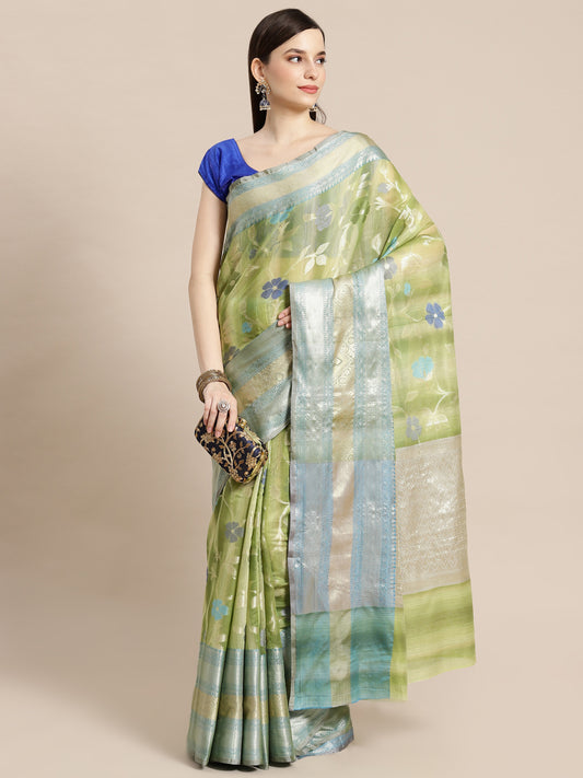 Faishana Presents Handwoven Pistachio Matka Silk Tilfi Jaal Skirt Border With Grey Blouse Banarasi Saree