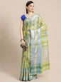 Faishana Presents Handwoven Pistachio Matka Silk Tilfi Jaal Skirt Border With Grey Blouse Banarasi Saree