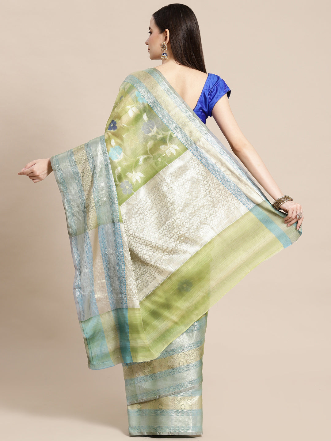 Faishana Presents Handwoven Pistachio Matka Silk Tilfi Jaal Skirt Border With Grey Blouse Banarasi Saree