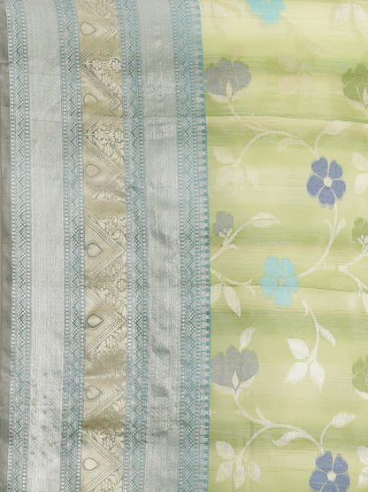 Faishana Presents Handwoven Pistachio Matka Silk Tilfi Jaal Skirt Border With Grey Blouse Banarasi Saree