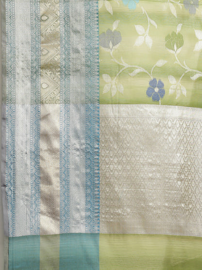 Faishana Presents Handwoven Pistachio Matka Silk Tilfi Jaal Skirt Border With Grey Blouse Banarasi Saree