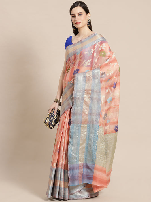 Faishana Presents Handwoven Peach Matka Silk Tilfi Jaal Skirt Border With Grey Blouse Banarasi Saree