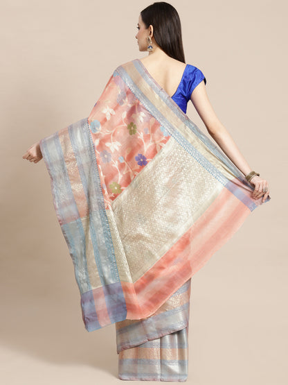 Faishana Presents Handwoven Peach Matka Silk Tilfi Jaal Skirt Border With Grey Blouse Banarasi Saree