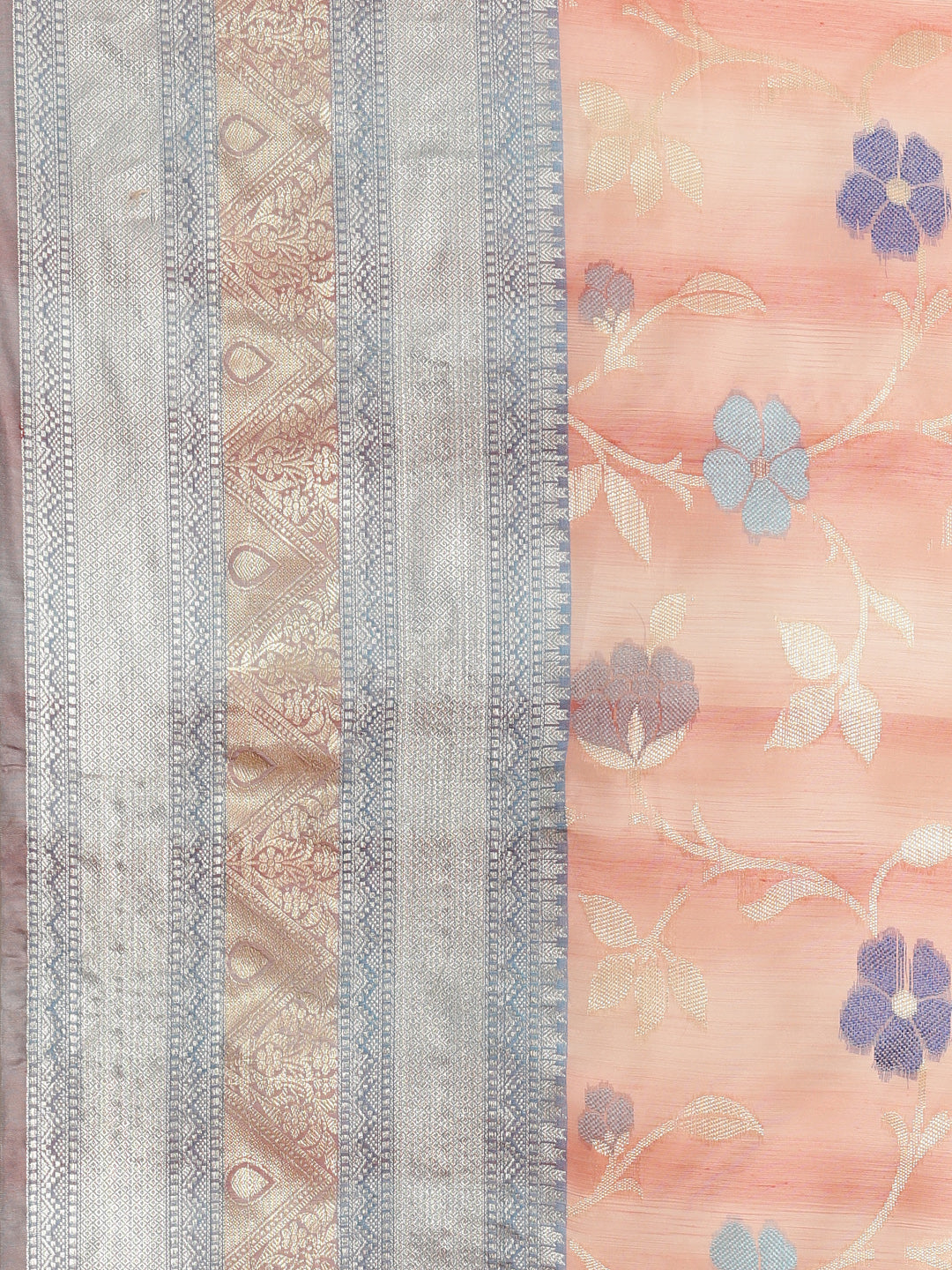 Faishana Presents Handwoven Peach Matka Silk Tilfi Jaal Skirt Border With Grey Blouse Banarasi Saree