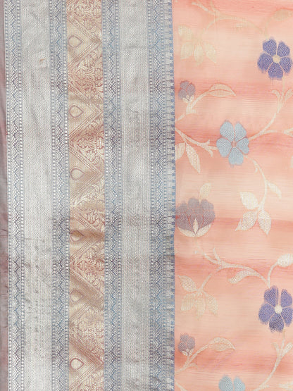 Faishana Presents Handwoven Peach Matka Silk Tilfi Jaal Skirt Border With Grey Blouse Banarasi Saree