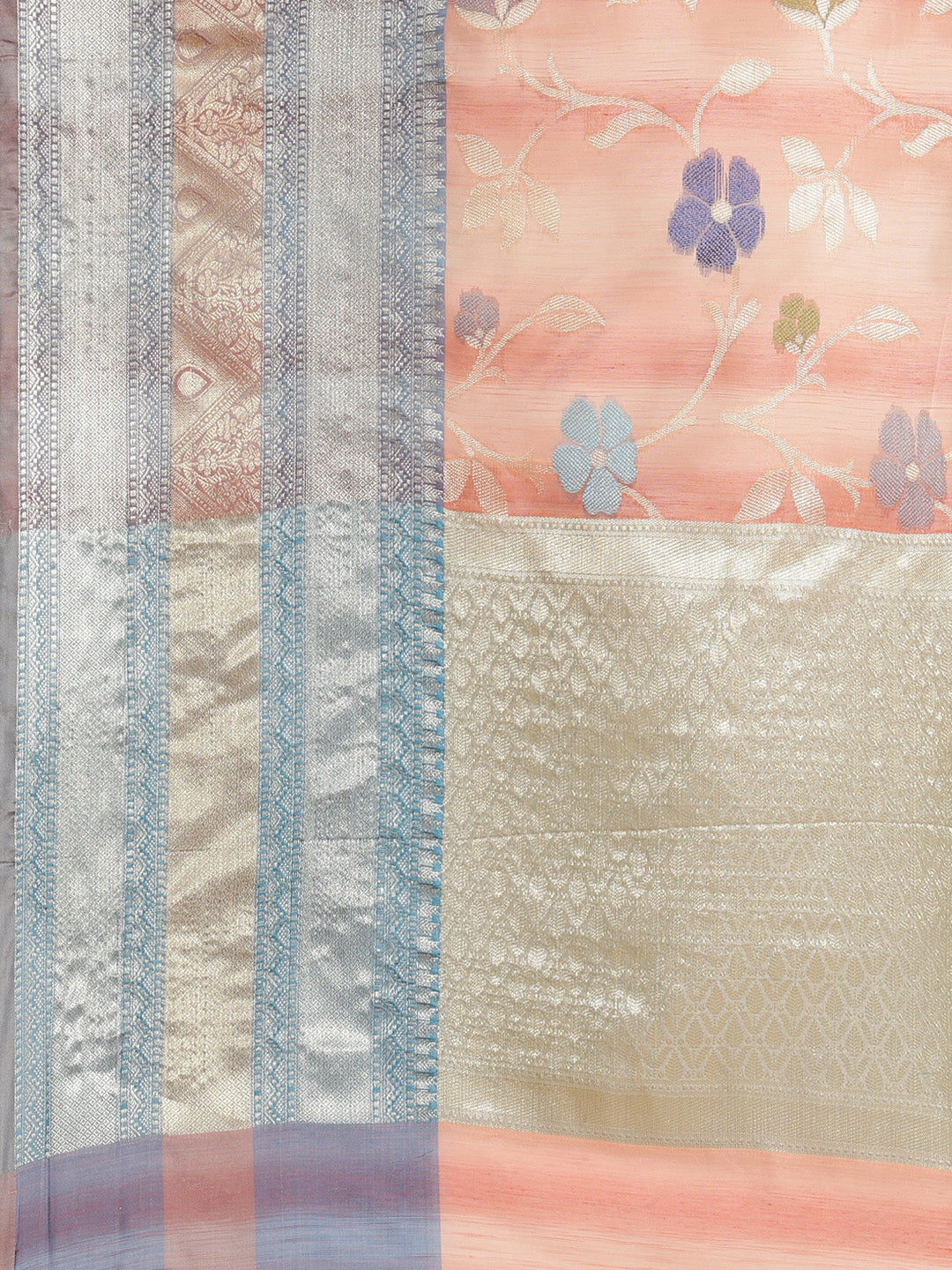 Faishana Presents Handwoven Peach Matka Silk Tilfi Jaal Skirt Border With Grey Blouse Banarasi Saree