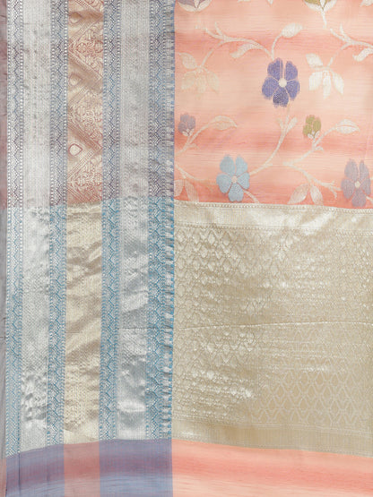 Faishana Presents Handwoven Peach Matka Silk Tilfi Jaal Skirt Border With Grey Blouse Banarasi Saree