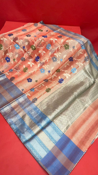 Faishana Presents Handwoven Peach Matka Silk Tilfi Jaal Skirt Border With Grey Blouse Banarasi Saree