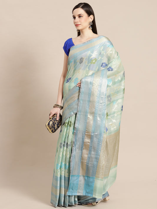 Faishana Presents Handwoven Turquoise Blue Matka Silk Tilfi Jaal Skirt Border With Grey Blouse Banarasi Saree