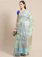 Faishana Presents Handwoven Turquoise Blue Matka Silk Tilfi Jaal Skirt Border With Grey Blouse Banarasi Saree