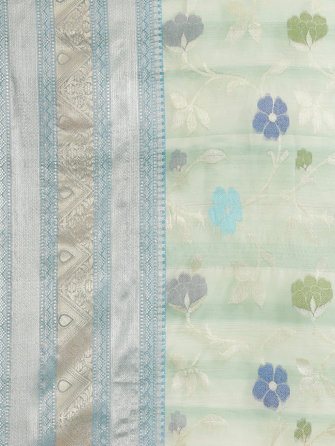Faishana Presents Handwoven Turquoise Blue Matka Silk Tilfi Jaal Skirt Border With Grey Blouse Banarasi Saree