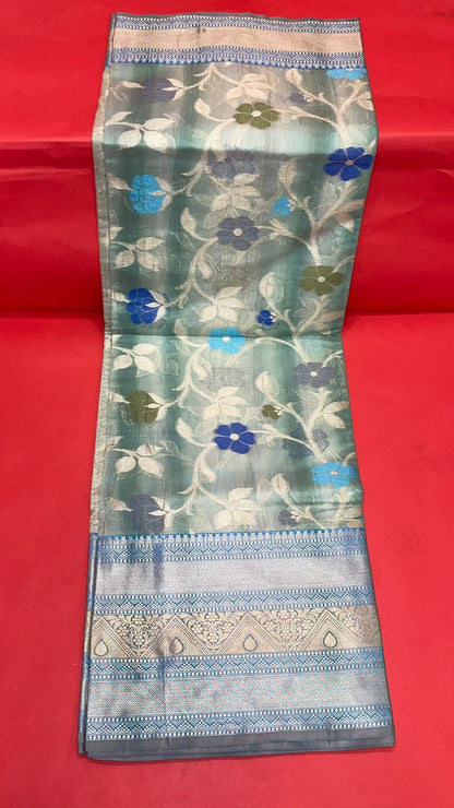 Faishana Presents Handwoven Turquoise Blue Matka Silk Tilfi Jaal Skirt Border With Grey Blouse Banarasi Saree