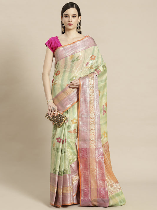 Faishana Presents Handwoven Seagreen Matka Silk Alfi Jaal Skirt Border With Orange Blouse Banarasi Saree