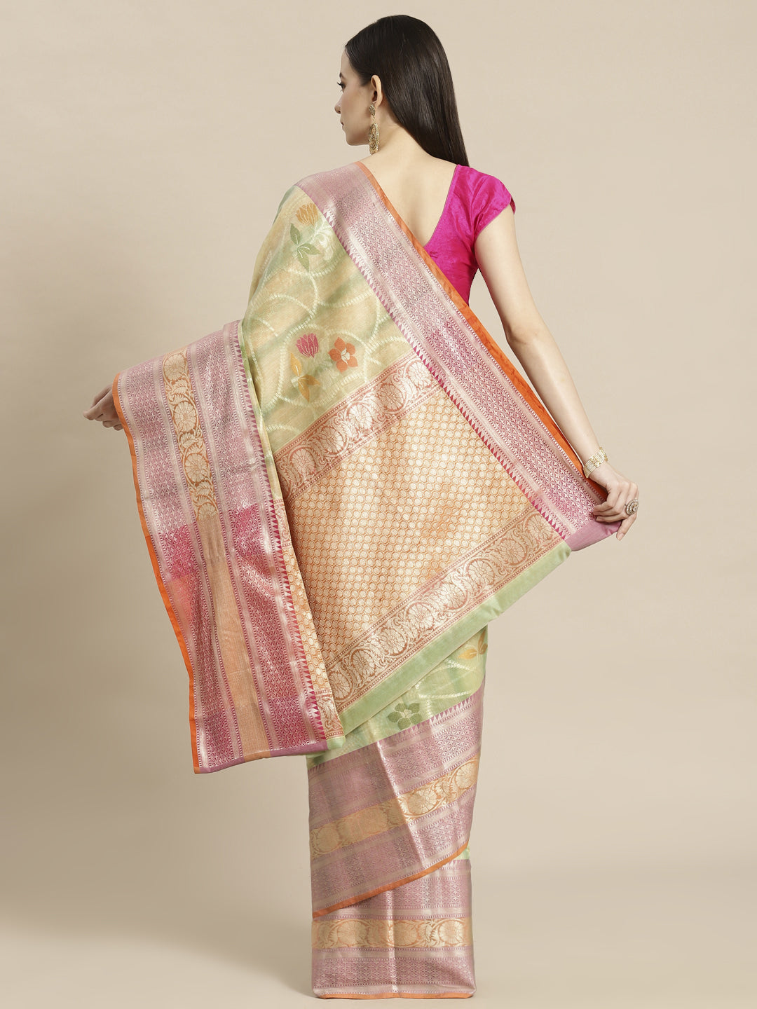 Faishana Presents Handwoven Seagreen Matka Silk Alfi Jaal Skirt Border With Orange Blouse Banarasi Saree