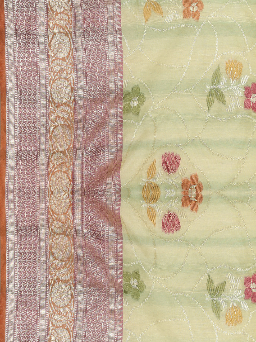 Faishana Presents Handwoven Seagreen Matka Silk Alfi Jaal Skirt Border With Orange Blouse Banarasi Saree