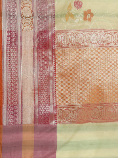 Faishana Presents Handwoven Seagreen Matka Silk Alfi Jaal Skirt Border With Orange Blouse Banarasi Saree