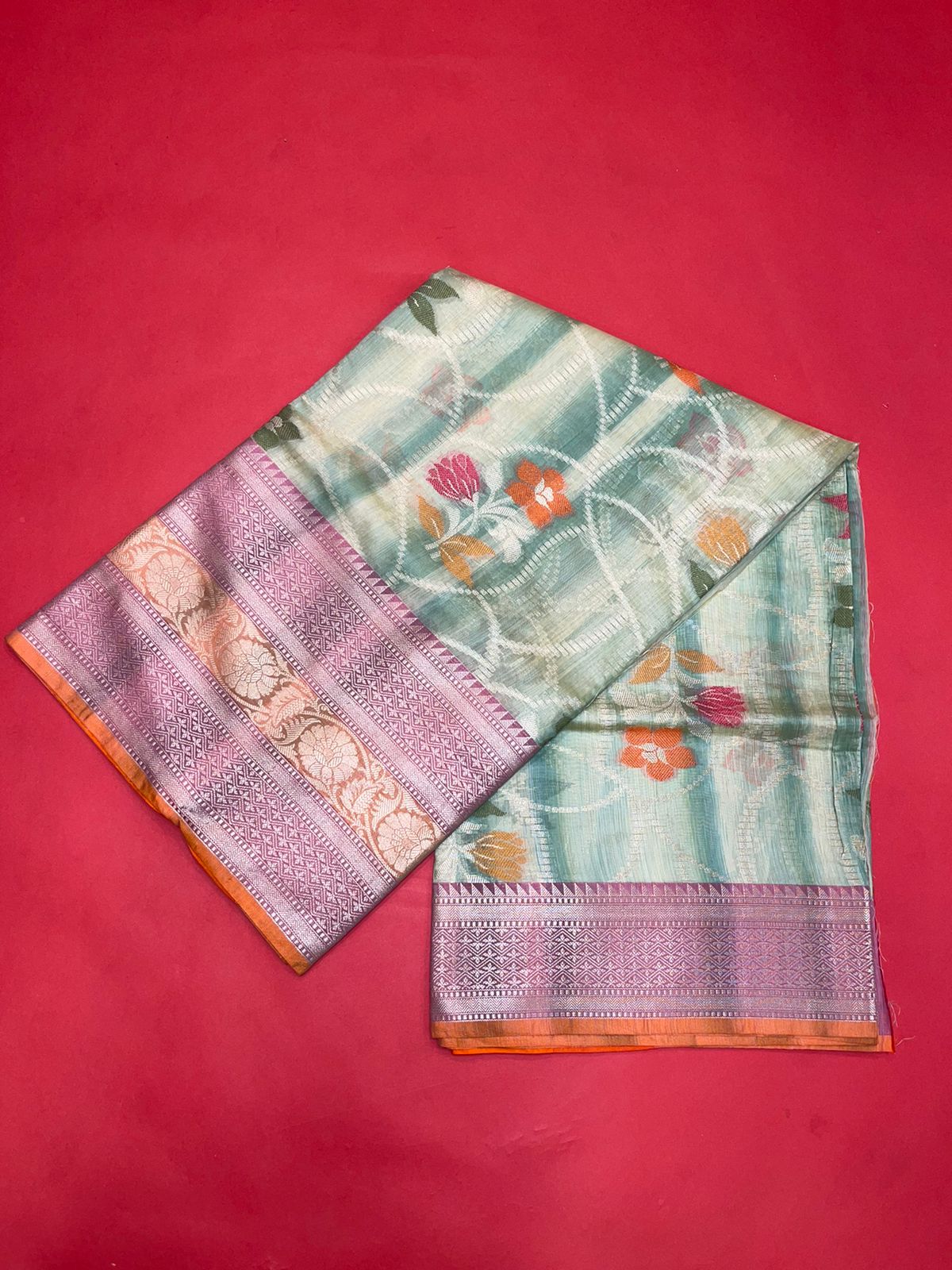 Faishana Presents Handwoven Seagreen Matka Silk Alfi Jaal Skirt Border With Orange Blouse Banarasi Saree
