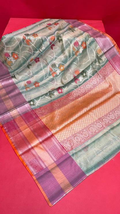 Faishana Presents Handwoven Seagreen Matka Silk Alfi Jaal Skirt Border With Orange Blouse Banarasi Saree