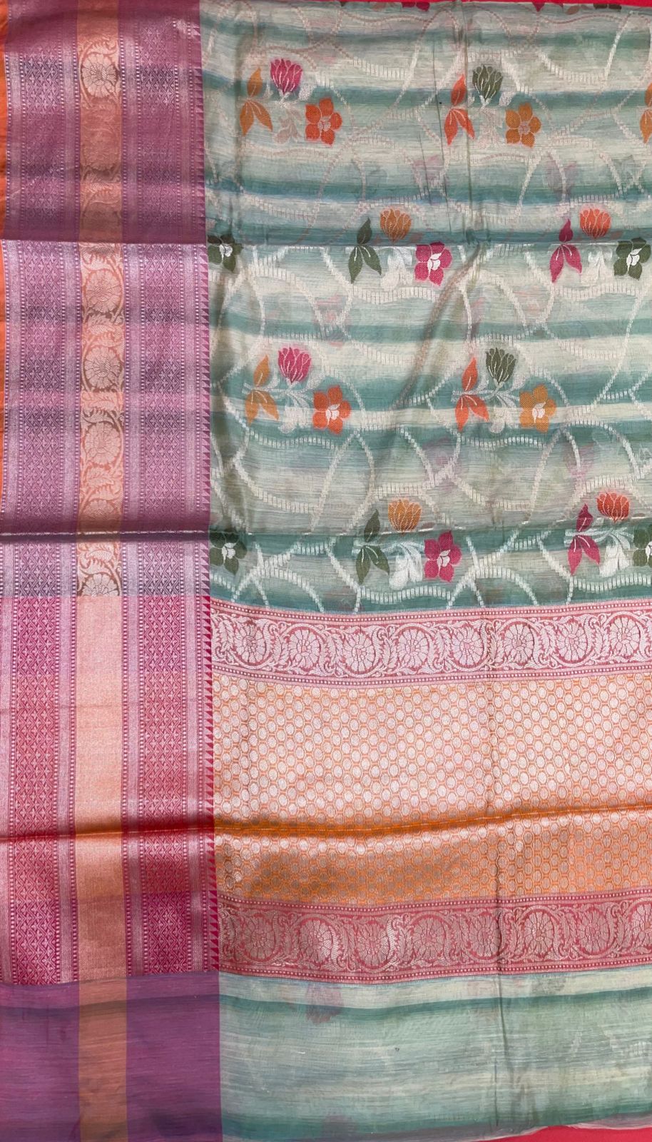 Faishana Presents Handwoven Seagreen Matka Silk Alfi Jaal Skirt Border With Orange Blouse Banarasi Saree