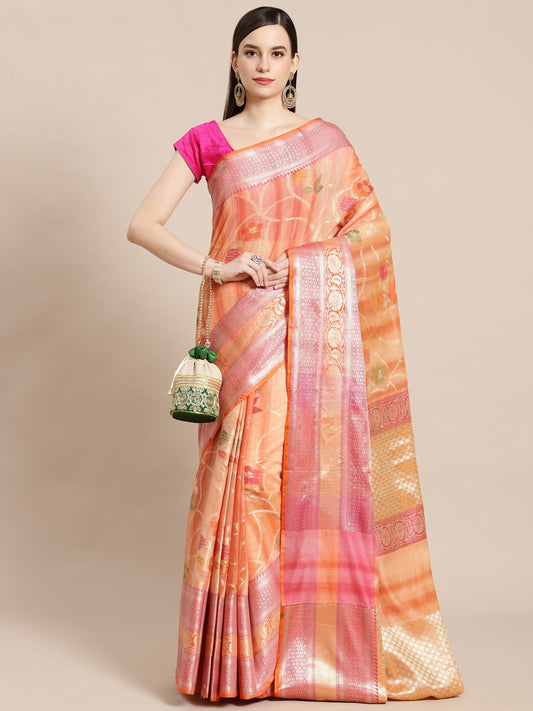 Faishana Presents Handwoven Peach Matka Silk Alfi Jaal Skirt Border With Orange Blouse Banarasi Saree