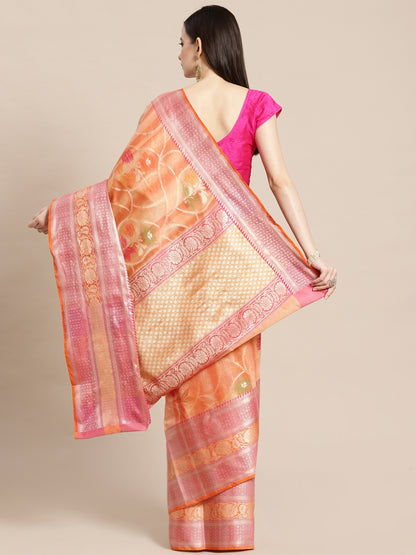 Faishana Presents Handwoven Peach Matka Silk Alfi Jaal Skirt Border With Orange Blouse Banarasi Saree
