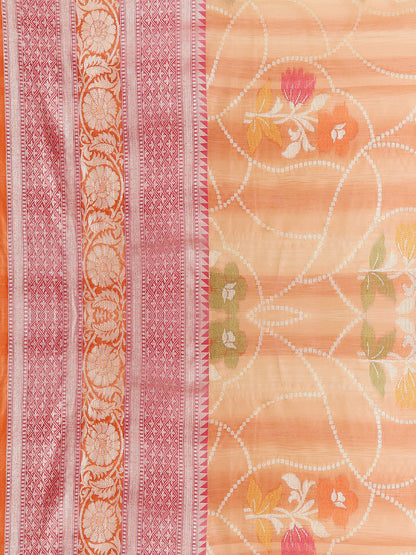 Faishana Presents Handwoven Peach Matka Silk Alfi Jaal Skirt Border With Orange Blouse Banarasi Saree