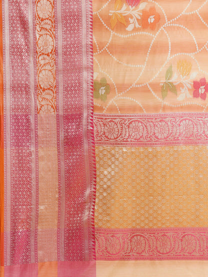 Faishana Presents Handwoven Peach Matka Silk Alfi Jaal Skirt Border With Orange Blouse Banarasi Saree
