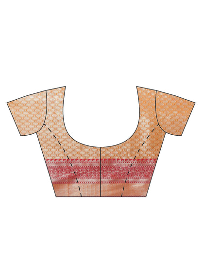 Faishana Presents Handwoven Peach Matka Silk Alfi Jaal Skirt Border With Orange Blouse Banarasi Saree
