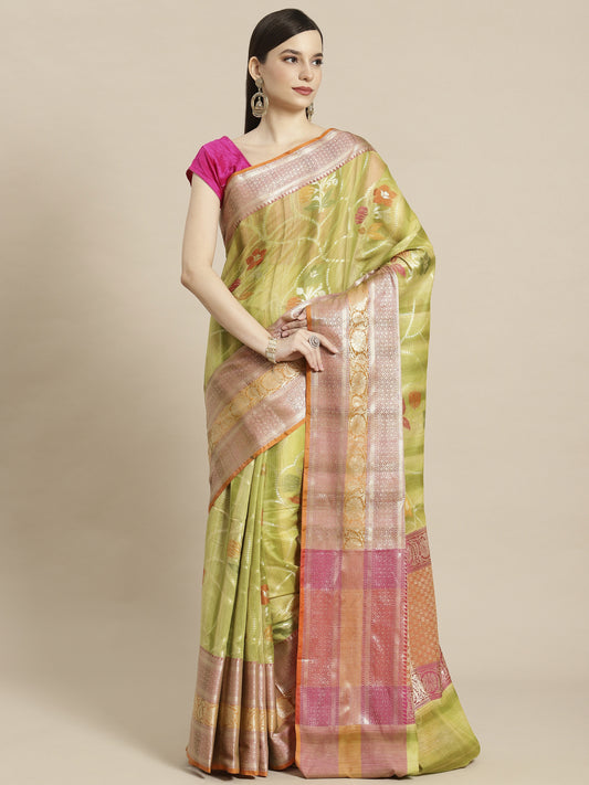 Faishana Presents Handwoven Pistachio Matka Silk Alfi Jaal Skirt Border With Orange Blouse Banarasi Saree