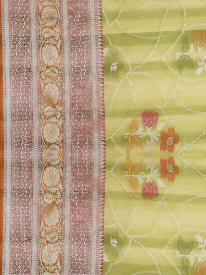 Faishana Presents Handwoven Pistachio Matka Silk Alfi Jaal Skirt Border With Orange Blouse Banarasi Saree