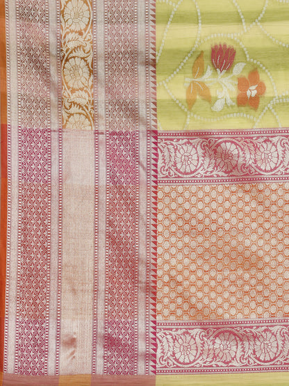 Faishana Presents Handwoven Pistachio Matka Silk Alfi Jaal Skirt Border With Orange Blouse Banarasi Saree