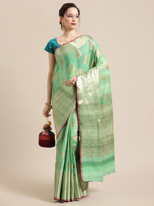 Faishana Presents Handwoven Green Matka Silk Boota Skirt Border With Green Blouse Banarasi Saree