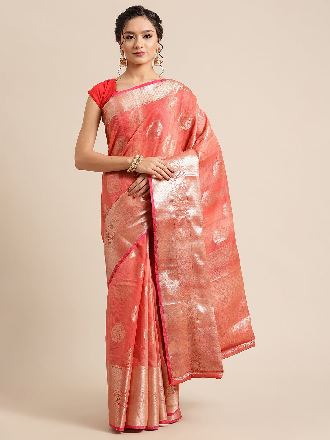 Faishana Presents Handwoven Red Matka Silk Boota Skirt Border With Red Blouse Banarasi Saree