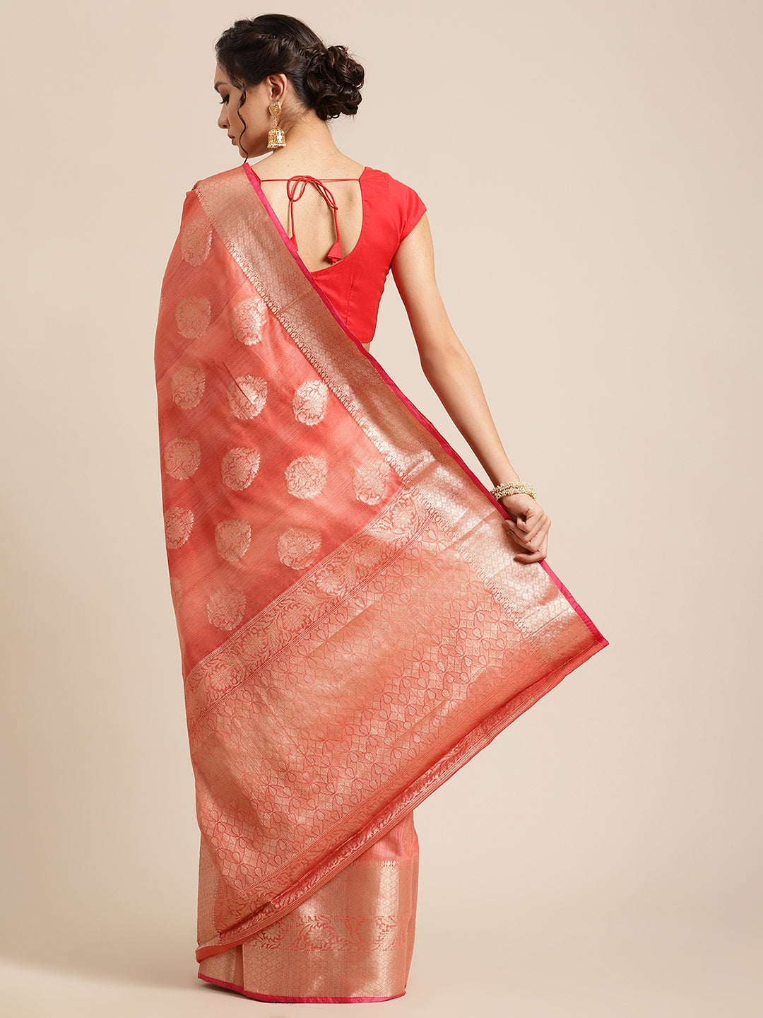 Faishana Presents Handwoven Red Matka Silk Boota Skirt Border With Red Blouse Banarasi Saree