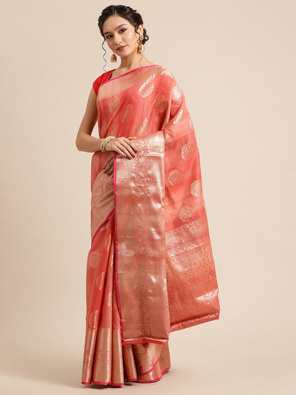 Faishana Presents Handwoven Red Matka Silk Boota Skirt Border With Red Blouse Banarasi Saree