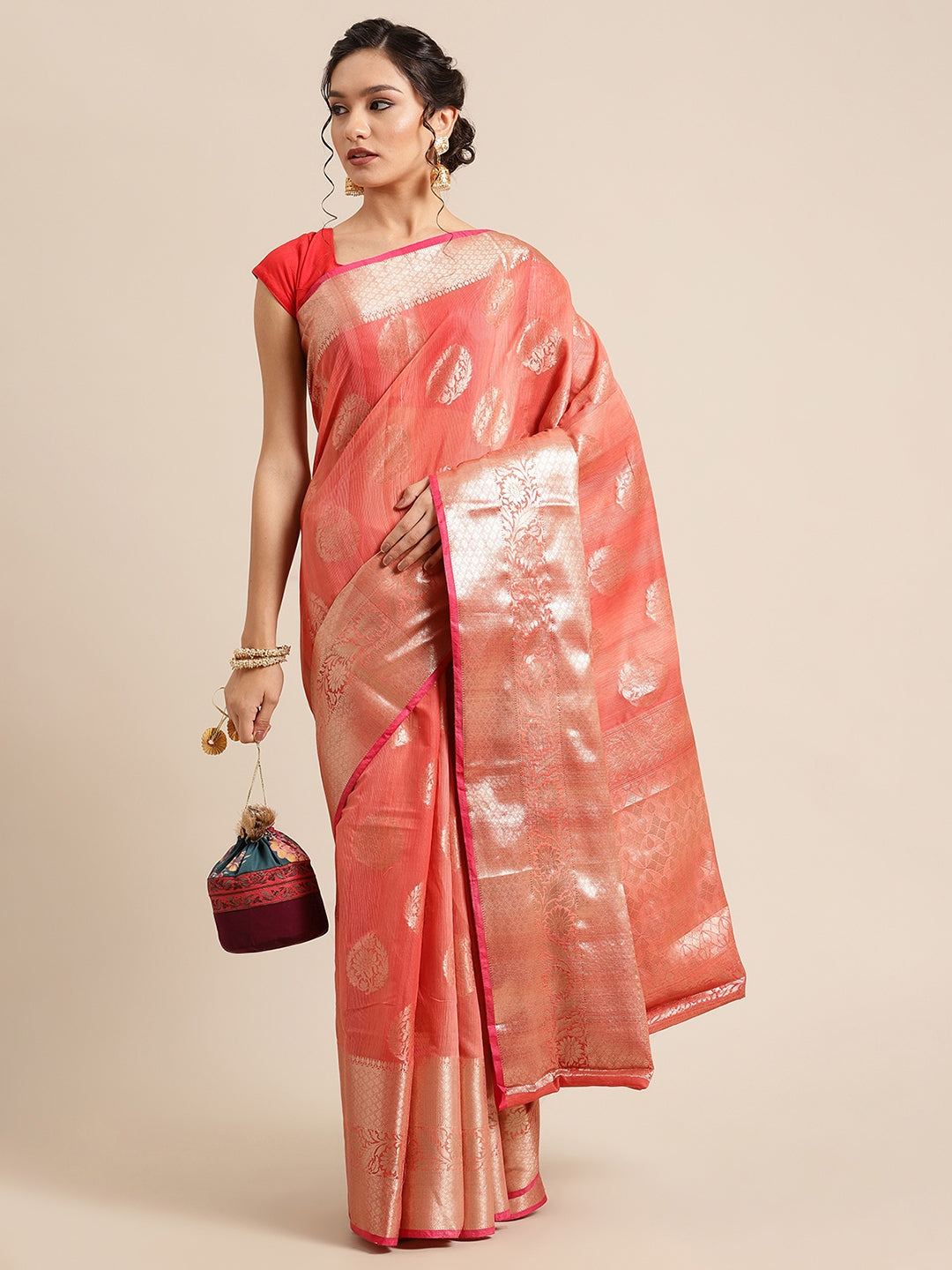 Faishana Presents Handwoven Red Matka Silk Boota Skirt Border With Red Blouse Banarasi Saree