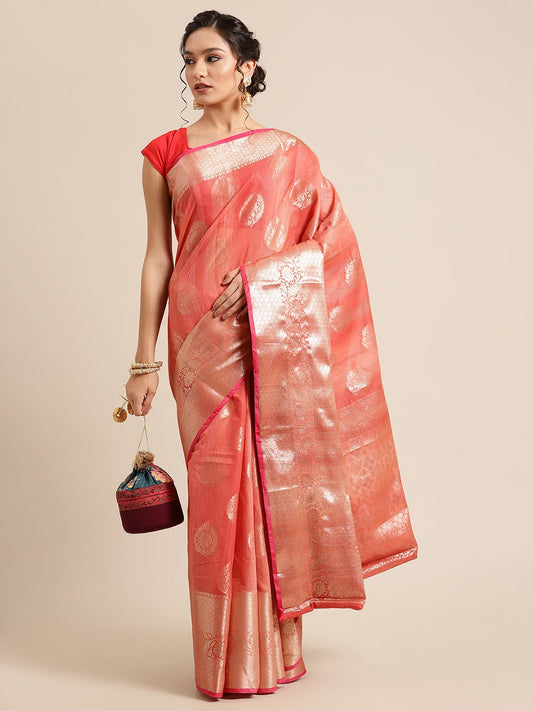 Faishana Presents Handwoven Red Matka Silk Boota Skirt Border With Red Blouse Banarasi Saree