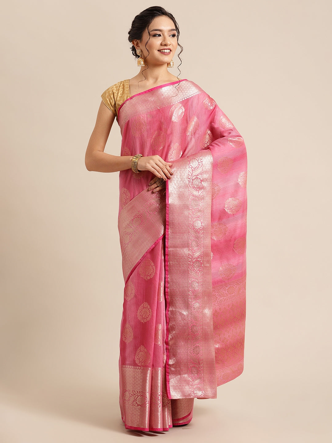 Faishana Presents Handwoven Pink Matka Silk Boota Skirt Border With Pink Blouse Banarasi Saree