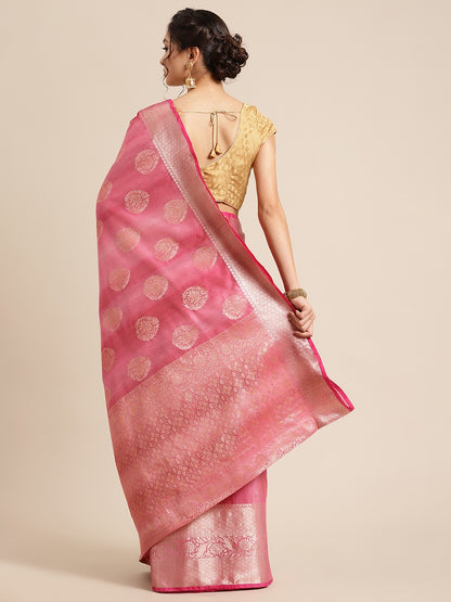 Faishana Presents Handwoven Pink Matka Silk Boota Skirt Border With Pink Blouse Banarasi Saree