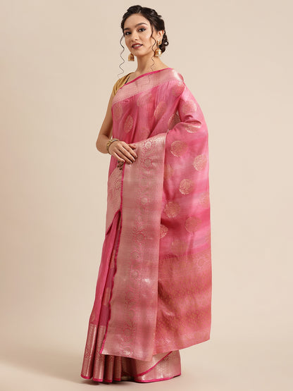 Faishana Presents Handwoven Pink Matka Silk Boota Skirt Border With Pink Blouse Banarasi Saree