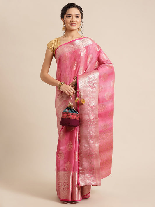 Faishana Presents Handwoven Pink Matka Silk Boota Skirt Border With Pink Blouse Banarasi Saree