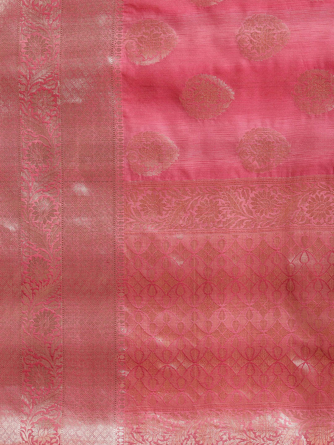 Faishana Presents Handwoven Pink Matka Silk Boota Skirt Border With Pink Blouse Banarasi Saree