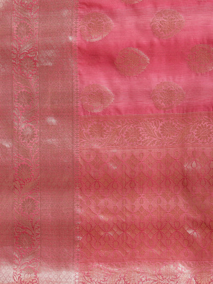 Faishana Presents Handwoven Pink Matka Silk Boota Skirt Border With Pink Blouse Banarasi Saree