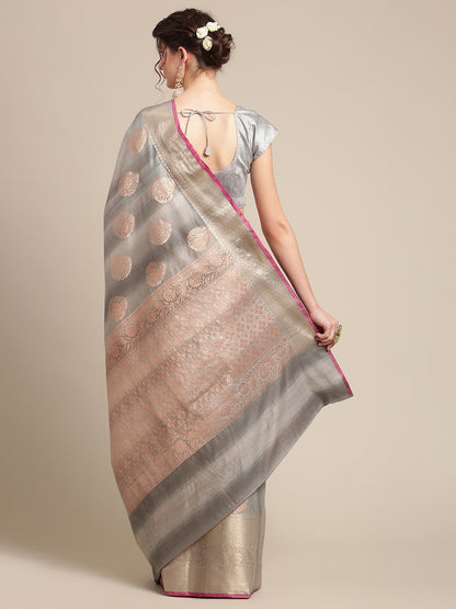 Faishana Presents Handwoven Grey Matka Silk Boota Skirt Border With Grey Blouse Banarasi Saree