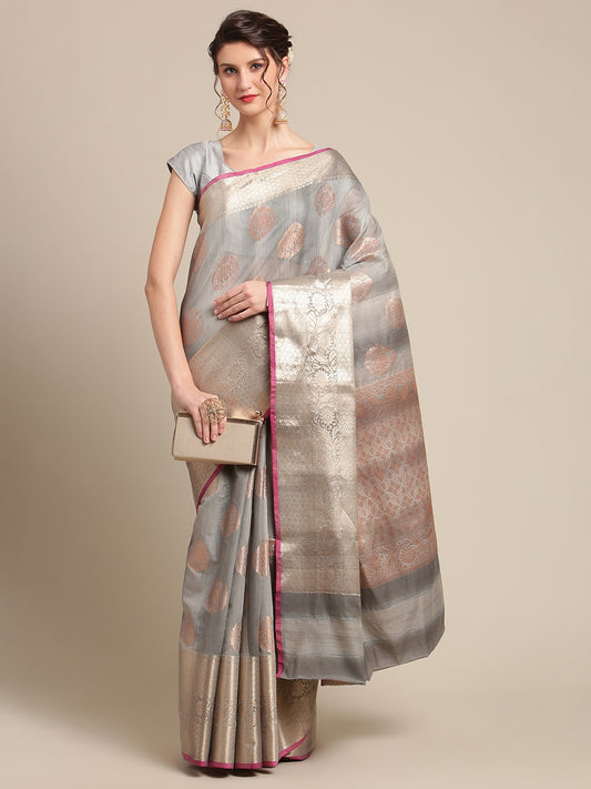 Faishana Presents Handwoven Grey Matka Silk Boota Skirt Border With Grey Blouse Banarasi Saree